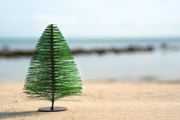 Small Christmas tree on a sandy beach overlooking the sea on a sunny day