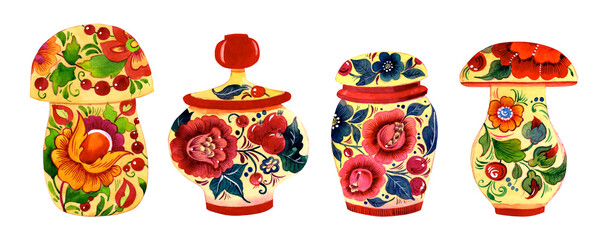 Bright, traditional, decorative watercolor elements. Set of 4 details on a light background.