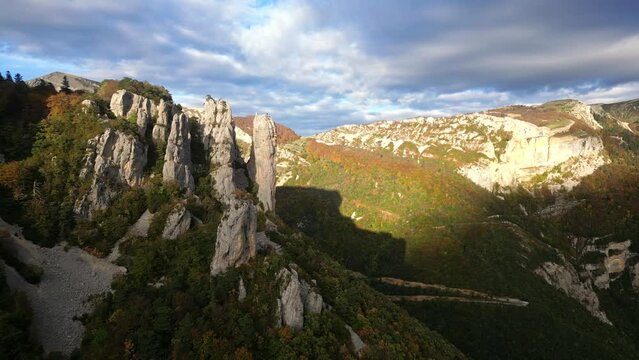 French countryside. Col de Rousset. Panoramic view of the heights of the Vercors, the marly hills and the valley Val de Drome, France