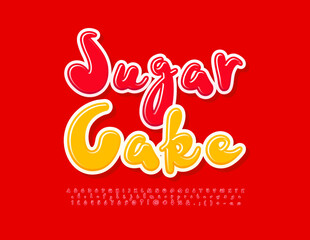 Vector colorful banner Sugar Cake. Red handwritten Alphabet Letters and Numbers. Creative Glossy Font