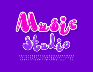 Vector colorful poster Music Studio. Violet Playful Font. Glossy handwritten Alphabet Letters, Numbers and Symbols set