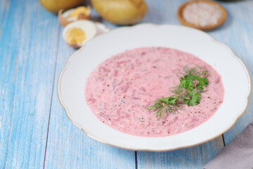 A plate with cold beetroot soup - national dish of Baltic region