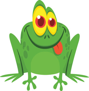 Cartoon green froggy frog mascot character in cartoon style. Vector illustration isolated on white. Design for print