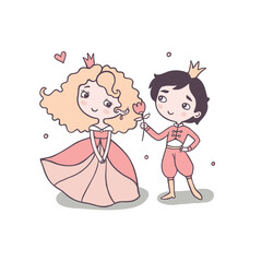 Prince presenting flower to princess flat vector characters