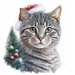 Gray Tabby cat with Red Santa Christmas hat and ornaments, watercolor illustration, isolated on white
