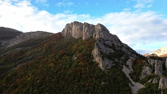 French countryside. Col de Rousset. Panoramic view of the heights of the Vercors, the marly hills and the valley Val de Drome, France