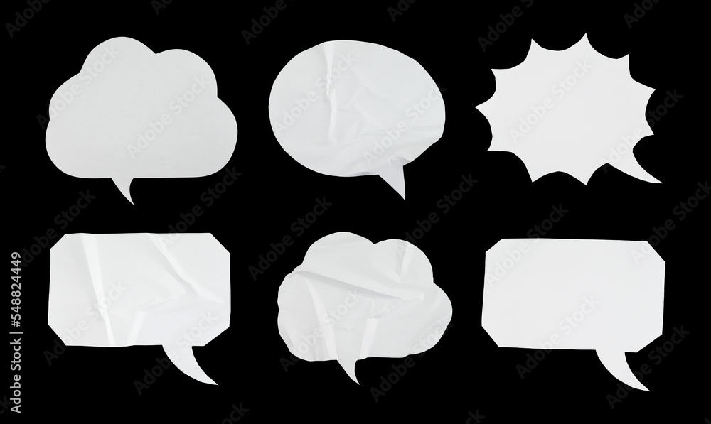 Aufkleber bubble speech shape in white paper texture. set of balloon text isolated for retro comic and design 
