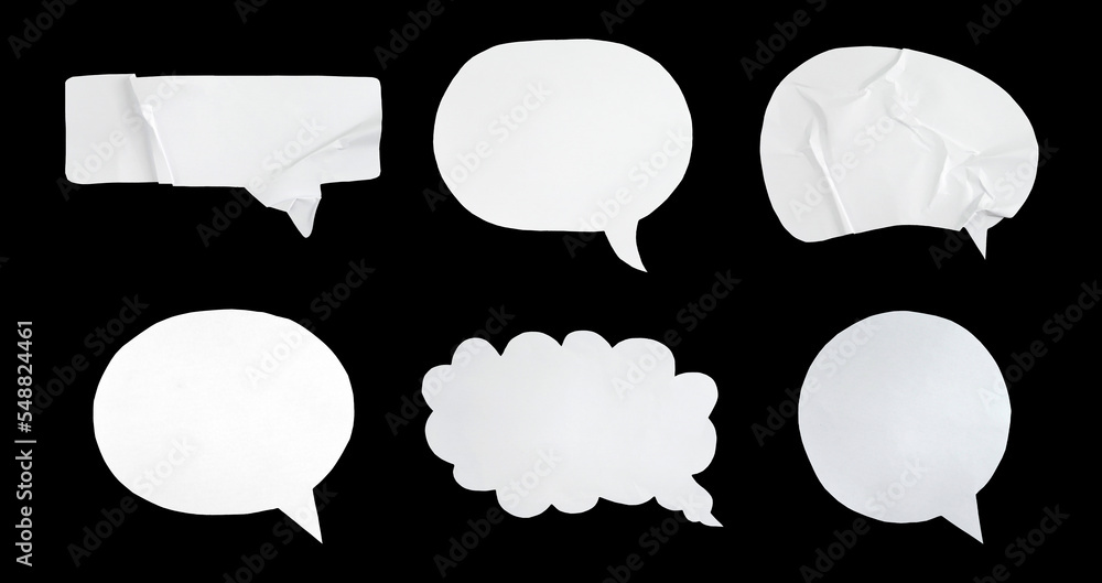 Aufkleber bubble speech shape in white paper texture. set of balloon text isolated for retro comic and design 