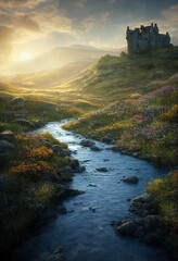 Fictional River in the Highlands with a Castle Digital Art
