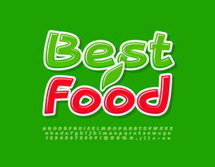Vector bright banner Best Food. Green glossy Alphabet Letters, Numbers and Symbols set. Stylish modern Font