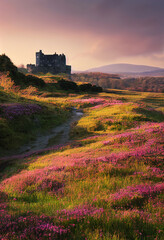 Fototapeta premium Fictional Highlands Landscape with a Castle Digital Art