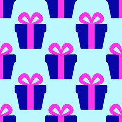 Colorful vector seamless pattern of giftbox with pink ribbon on light blue background