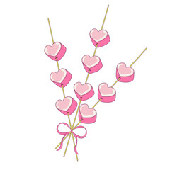 Bouquet Marshmallows in the shape of a Heart on a Stick with a Pink Ribbon and a Bow