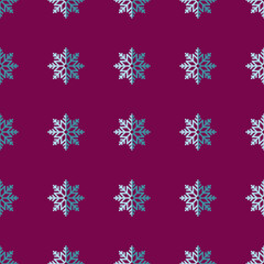 Vector seamless pattern of snowflakes on dark crimson color background. Perfect for textile, wrapping, fabric, wallpapers. Winter, Christmas and New Year concept