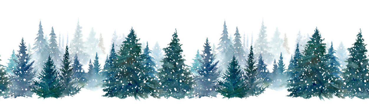 雪降る森林の水彩イラスト。奥行きのある森の風景。シームレスパターン。
