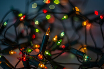 red, yellow and green led christmas lights and artistic bokeh