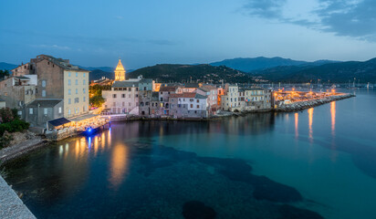 The scenographic village of Saint Florent (San Fiorenzo) on a summer evening, in Corse, France.