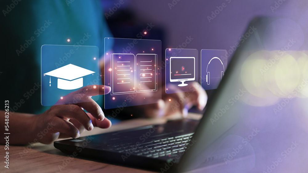 Poster Concept of Online education. man use Online education training and e-learning webinar on internet for personal development and professional qualifications. Digital courses to develop new skills.