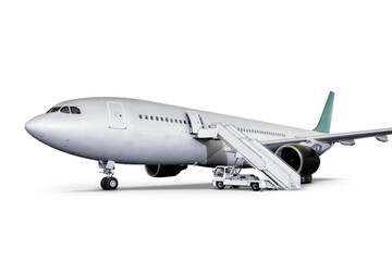 Wide body passenger airliner with air-stairs isolated on transparent background