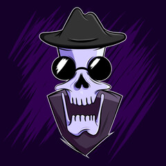 vector illustration skull with hat, face, animated comic, purple colors,