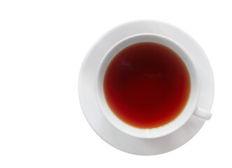 White ceramic cup with tea on a saucer, isolated on a white background