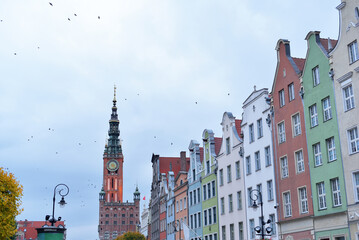Poland, Gdansk. Colorful houses and blue sky