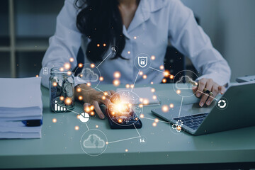 Naklejka premium Digital transformation change management, internet of things. new technology bigdata and business process strategy, customer service management, cloud computing, smart industry. Ai technology.