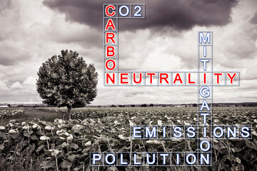 Carbon Neutrality concept against a rural scene - Crossword puzzle and solution concept