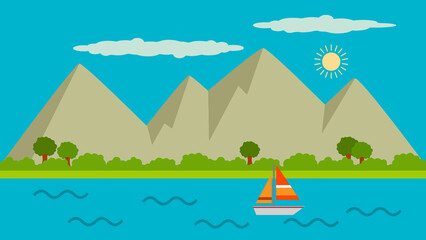 Landscape illustration, sunny day sailing on the water, mountains in the background,