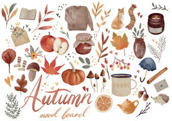 Autumn season colourful wallpaper vector mood board doodles. Watercolor hand drawn pack isolated. fall cozy vibes icons set elements, leaves, pumpkin, sweater, apple, fox ideal for house decoration