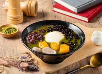 Grass Jelly Matcha, mango, beans served in bowl isolated on table top view of asian food