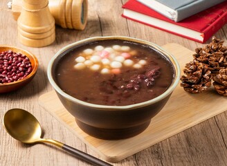 Red Bean Rice Balls soup served in bowl isolated on table top view of asian food