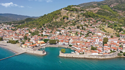 Naklejka premium Aerial drone photo of picturesque old city of Nafpaktos famous for Venetian old harbour resembling a small fortified port, Greece