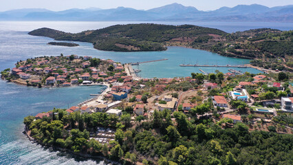 Fototapeta na wymiar Aerial drone photo of picturesque small island of Trizonia the only inhabited island in Corinthian gulf, Central Greece