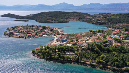 Aerial drone photo of picturesque small island of Trizonia the only inhabited island in Corinthian gulf, Central Greece