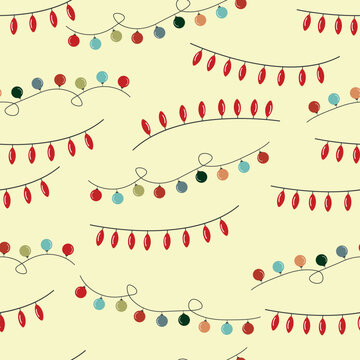 Christmas lights seamless pattern, vector illustration of festive garlands on pastel background