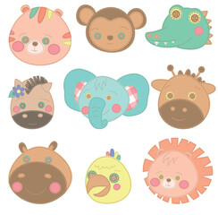 Beautiful set of child style exotic animals. Vector collection. Cute animals head set for children card. Tiger, elephant, hippo, giraffe, lion, and other. Happy animal faces collection. 