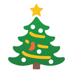 Christmas Tree vector flat colorful icon emoji design. Isolated an evergreen tree decorated with lights and ornaments to celebrate Christmas. Depicted with round, variously colored ornaments and star 