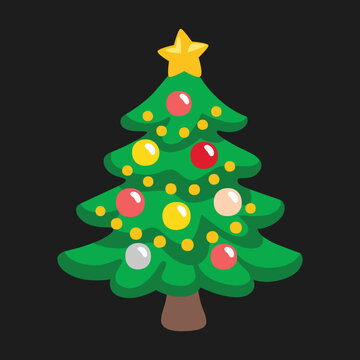 Christmas Tree vector flat colorful icon emoji design. Isolated an evergreen tree decorated with lights and ornaments to celebrate Christmas. Depicted with round, variously colored ornaments and star 