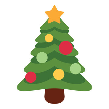 Christmas Tree vector flat colorful icon emoji design. Isolated an evergreen tree decorated with lights and ornaments to celebrate Christmas. Depicted with round, variously colored ornaments and star 