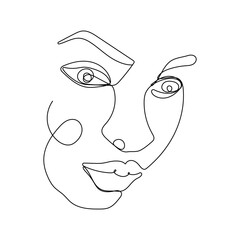 Continuous one line drawing of woman face. Hand drawn line art, fashion concept, feminine beauty minimalist. Print, illustration for t-shirt, design, logo for cosmetics, etc