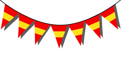 Obraz premium Banderines en forma de triangulo con la bandera de España colgados sobre una pared de fondo blanco haciendo sombra. Bandera de España.