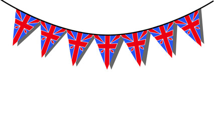 Obraz premium Banderines en forma triangular de la bandera de Reino Unido, colgados sobre una pared de fondo blanco haciendo sombra. Vector de bandera de Reino Unido.