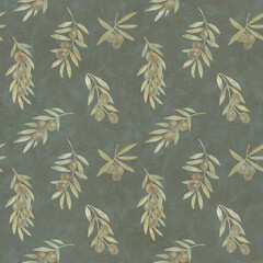 Seamless watercolor pattern of olive branches.