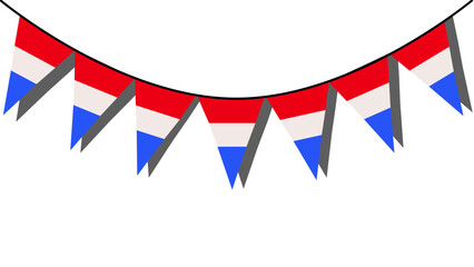 Obraz premium Banderines en forma triangular con la bandera de Holanda sobre un fondo de una pared blanca haciendo sombra. Bandera de Países Bajos.
