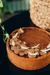 Chocolate cheesecake with chocolate mousse decorated with white chocolate feathers.