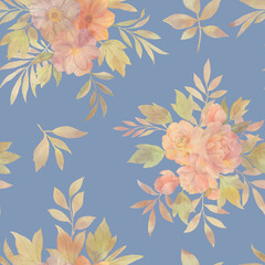 Seamless floral pattern with flowers and leaves, watercolor illustration. Template design for wrapping paper, textiles, wallpaper, interior, clothes, postcards.