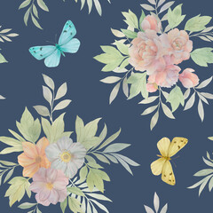 Seamless floral pattern with flowers and leaves, watercolor illustration. Template design for wrapping paper, textiles, wallpaper, interior, clothes, postcards.