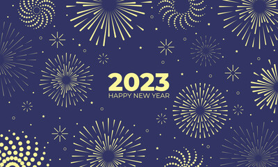 Happy new year 2023. Elegant fireworks vector illustration on blue background . Concept for holiday decor, card, poster, banner, flyer - obrazy, fototapety, plakaty