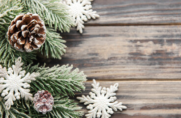 Christmas background with fir tree and decor. Top view with copy space